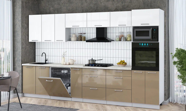 Изображение товара Кухонный гарнитур Интерлиния Мила Gloss 3.5-ПМ1-2 (капучино глянец/белый глянец/опал светлый)