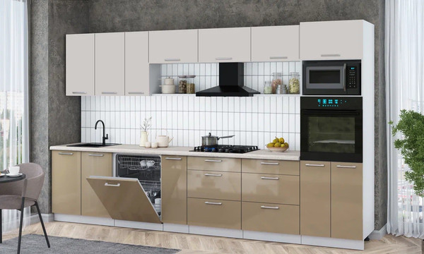 Изображение товара Кухонный гарнитур Интерлиния Мила Gloss 3.5-ПМ1-2 (капучино глянец/кашемир/травертин серый)