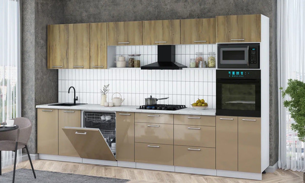 Изображение товара Кухонный гарнитур Интерлиния Мила Gloss 3.5-ПМ1-2 (капучино глянец/дуб вотан/серый каспий)