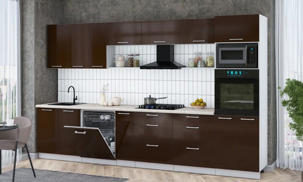 Изображение товара Кухонный гарнитур Интерлиния Мила Gloss 3.5-ПМ1-2 (шоколад глянец/шоколад глянец/бискайская сосна)