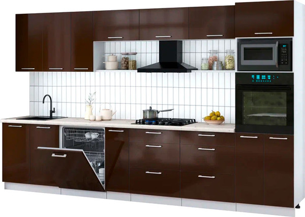 Изображение товара Кухонный гарнитур Интерлиния Мила Gloss 3.5-ПМ1-2 (шоколад глянец/шоколад глянец/бискайская сосна)