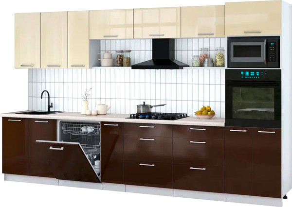 Изображение товара Кухонный гарнитур Интерлиния Мила Gloss 3.5-ПМ1-2 (шоколад глянец/ваниль глянец/травертин серый)