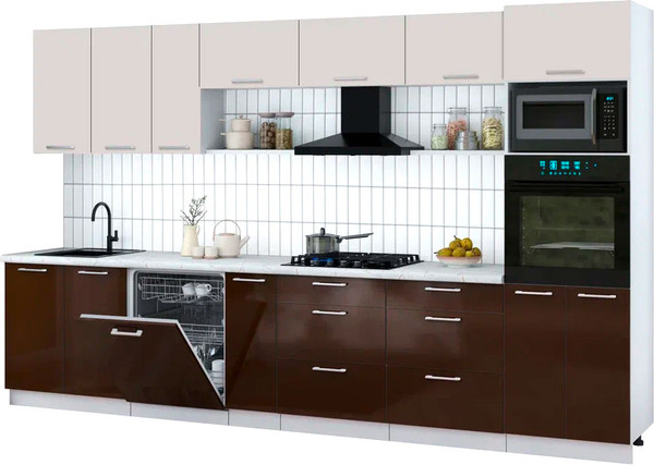 Изображение товара Кухонный гарнитур Интерлиния Мила Gloss 3.5-ПМ1-2 (шоколад глянец/кашемир/серый каспий)