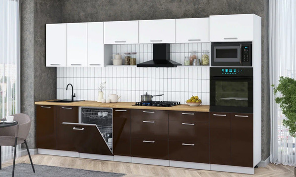 Изображение товара Кухонный гарнитур Интерлиния Мила Gloss 3.5-ПМ1-2 (шоколад глянец/белый/дуб бунратти)