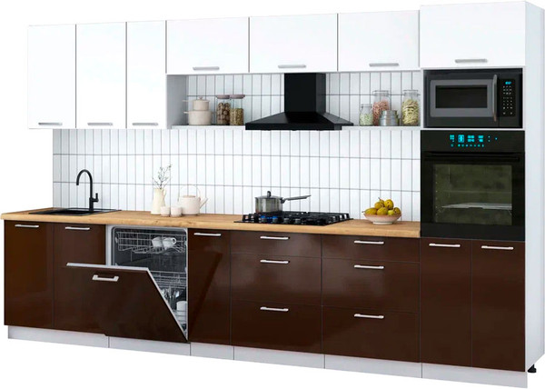 Изображение товара Кухонный гарнитур Интерлиния Мила Gloss 3.5-ПМ1-2 (шоколад глянец/белый/дуб бунратти)