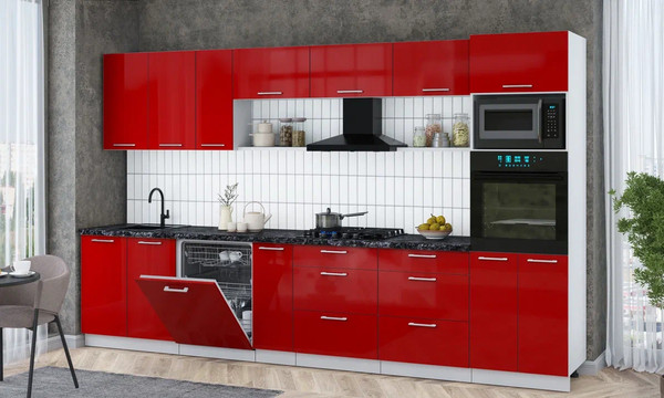 Изображение товара Кухонный гарнитур Интерлиния Мила Gloss 3.5-ПМ1-2 (красный глянец/красный глянец/кастилло темный)