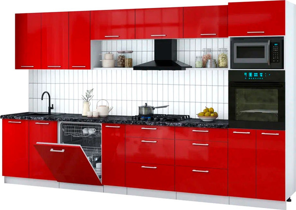 Изображение товара Кухонный гарнитур Интерлиния Мила Gloss 3.5-ПМ1-2 (красный глянец/красный глянец/кастилло темный)
