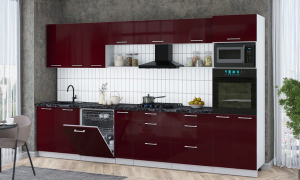 Изображение товара Кухонный гарнитур Интерлиния Мила Gloss 3.5-ПМ1-2 (бордовый глянец/бордовый глянец/кастилло темный)