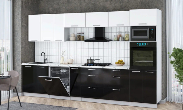 Изображение товара Кухонный гарнитур Интерлиния Мила Gloss 3.5-ПМ1-2 (черный глянец/белый/белый гранит)