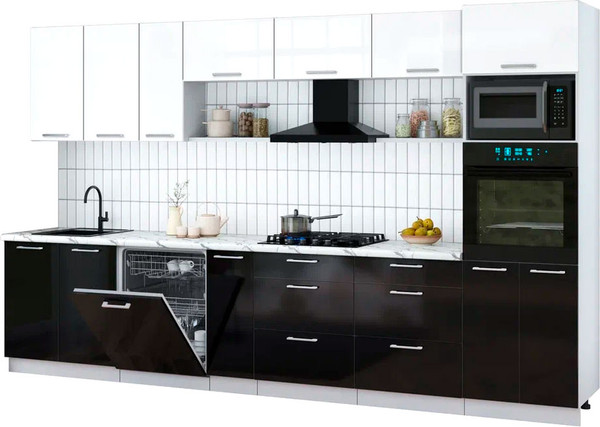 Изображение товара Кухонный гарнитур Интерлиния Мила Gloss 3.5-ПМ1-2 (черный глянец/белый глянец/белый гранит)