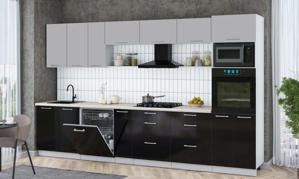 Изображение товара Кухонный гарнитур Интерлиния Мила Gloss 3.5-ПМ1-2 (черный глянец/грей/бискайская сосна)
