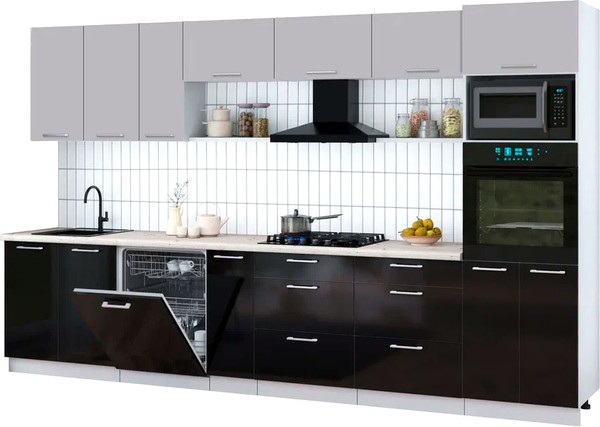 Изображение товара Кухонный гарнитур Интерлиния Мила Gloss 3.5-ПМ1-2 (черный глянец/грей/бискайская сосна)