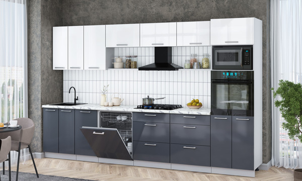 Изображение товара Кухонный гарнитур Интерлиния Мила Gloss 3.4-ПМ1-2 (асфальт глянец/белый глянец/белый гранит)