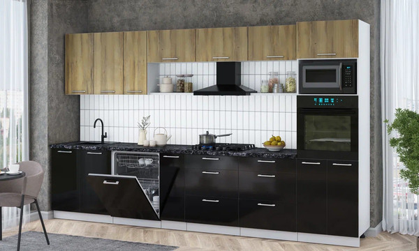 Изображение товара Кухонный гарнитур Интерлиния Мила Gloss 3.5-ПМ1-2 (черный глянец/дуб вотан/кастилло темный)