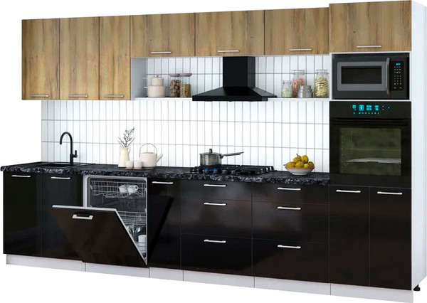 Изображение товара Кухонный гарнитур Интерлиния Мила Gloss 3.5-ПМ1-2 (черный глянец/дуб вотан/кастилло темный)