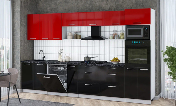 Изображение товара Кухонный гарнитур Интерлиния Мила Gloss 3.5-ПМ1-2 (черный глянец/красный глянец/кастилло темный)