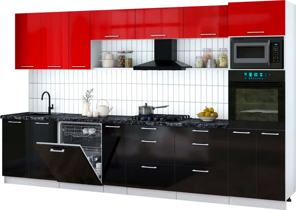 Изображение товара Кухонный гарнитур Интерлиния Мила Gloss 3.5-ПМ1-2 (черный глянец/красный глянец/кастилло темный)