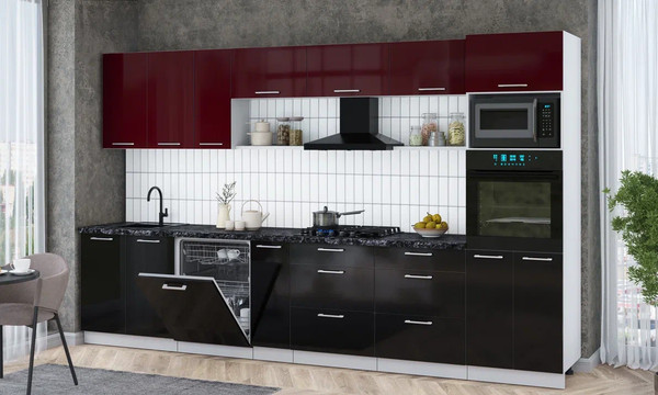 Изображение товара Кухонный гарнитур Интерлиния Мила Gloss 3.5-ПМ1-2 (черный глянец/бордовый глянец/кастилло темный)