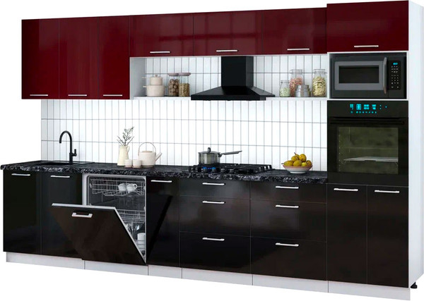Изображение товара Кухонный гарнитур Интерлиния Мила Gloss 3.5-ПМ1-2 (черный глянец/бордовый глянец/кастилло темный)