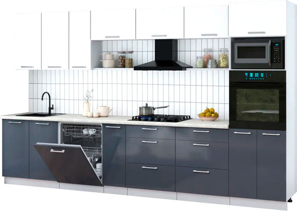 Изображение товара Кухонный гарнитур Интерлиния Мила Gloss 3.5-ПМ1-2 (асфальт глянец/белый/опал светлый)