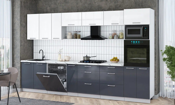 Изображение товара Кухонный гарнитур Интерлиния Мила Gloss 3.5-ПМ1-2 (асфальт глянец/белый глянец/белый гранит)