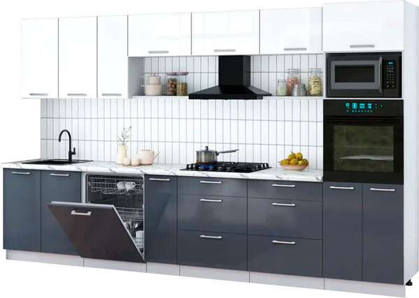 Изображение товара Кухонный гарнитур Интерлиния Мила Gloss 3.5-ПМ1-2 (асфальт глянец/белый глянец/белый гранит)