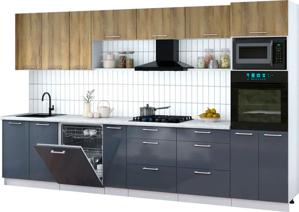 Изображение товара Кухонный гарнитур Интерлиния Мила Gloss 3.5-ПМ1-2 (асфальт глянец/дуб вотан/серый каспий)