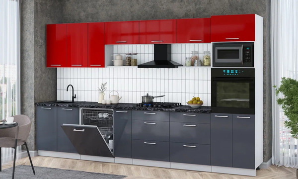 Изображение товара Кухонный гарнитур Интерлиния Мила Gloss 3.5-ПМ1-2 (асфальт глянец/красный глянец/кастилло темный)