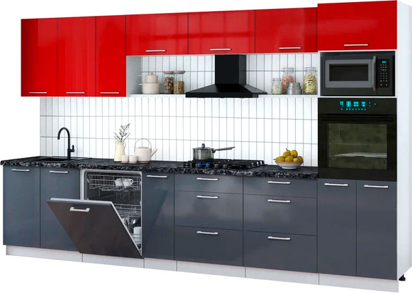 Изображение товара Кухонный гарнитур Интерлиния Мила Gloss 3.5-ПМ1-2 (асфальт глянец/красный глянец/кастилло темный)