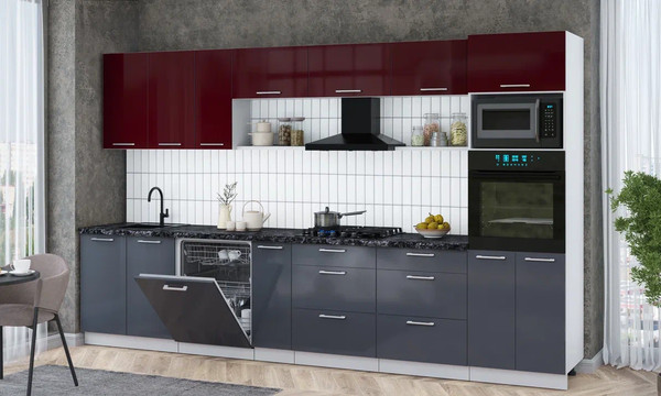 Изображение товара Кухонный гарнитур Интерлиния Мила Gloss 3.5-ПМ1-2 (асфальт глянец/бордовый глянец/кастилло темный)