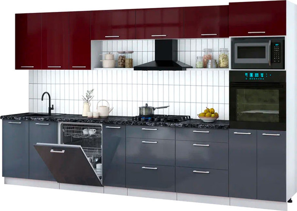 Изображение товара Кухонный гарнитур Интерлиния Мила Gloss 3.5-ПМ1-2 (асфальт глянец/бордовый глянец/кастилло темный)