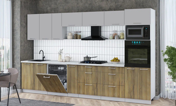 Изображение товара Кухонный гарнитур Интерлиния Мила Gloss 3.5-ПМ1-2 (дуб вотан/грей/серый каспий)