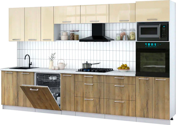 Изображение товара Кухонный гарнитур Интерлиния Мила Gloss 3.5-ПМ1-2 (дуб вотан/ваниль глянец/серый каспий)