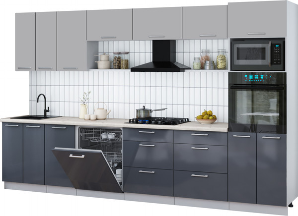 Изображение товара Кухонный гарнитур Интерлиния Мила Gloss 3.4-ПМ1-2 (асфальт глянец/грей/бискайская сосна)