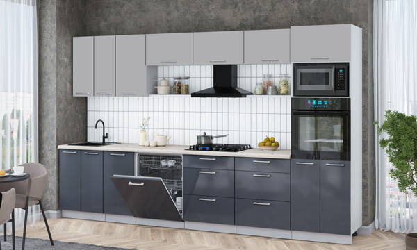 Изображение товара Кухонный гарнитур Интерлиния Мила Gloss 3.4-ПМ1-2 (асфальт глянец/грей/бискайская сосна)