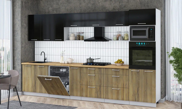 Изображение товара Кухонный гарнитур Интерлиния Мила Gloss 3.5-ПМ1-2 (дуб вотан/черный глянец/дуб бунратти)