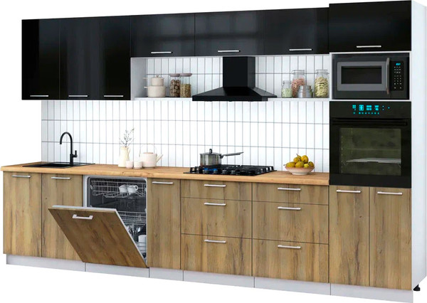 Изображение товара Кухонный гарнитур Интерлиния Мила Gloss 3.5-ПМ1-2 (дуб вотан/черный глянец/дуб бунратти)