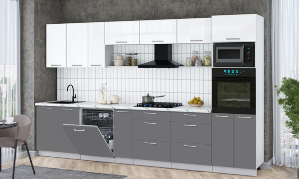 Изображение товара Кухонный гарнитур Интерлиния Мила Gloss 3.5-ПМ1-2 (серый/белый глянец/белый гранит)