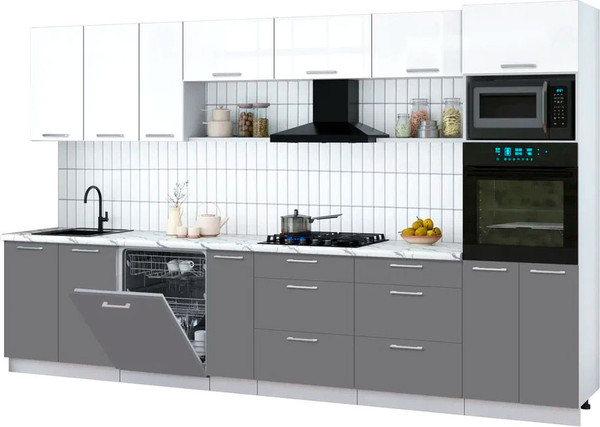 Изображение товара Кухонный гарнитур Интерлиния Мила Gloss 3.5-ПМ1-2 (серый/белый глянец/белый гранит)