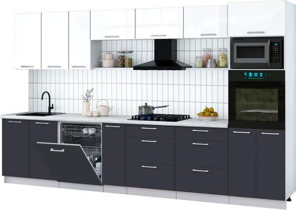 Изображение товара Кухонный гарнитур Интерлиния Мила Gloss 3.5-ПМ1-2 (пепел/белый глянец/серый каспий)