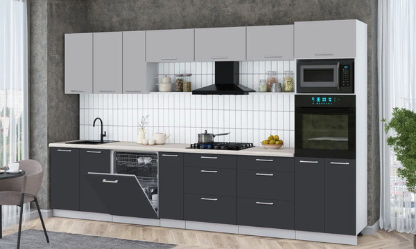 Изображение товара Кухонный гарнитур Интерлиния Мила Gloss 3.5-ПМ1-2 (пепел/грей/травертин серый)