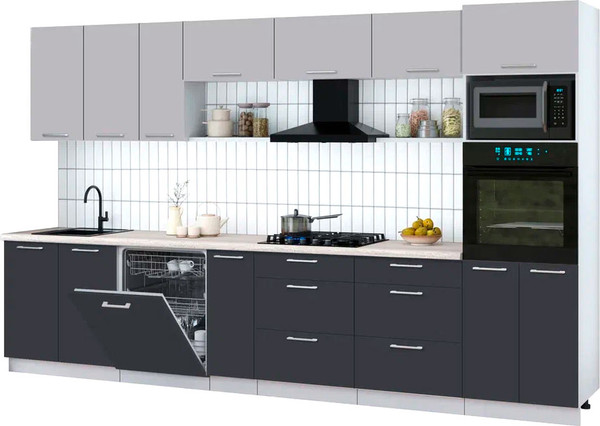 Изображение товара Кухонный гарнитур Интерлиния Мила Gloss 3.5-ПМ1-2 (пепел/грей/травертин серый)