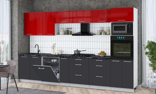 Изображение товара Кухонный гарнитур Интерлиния Мила Gloss 3.5-ПМ1-2 (пепел/красный глянец/кастилло темный)