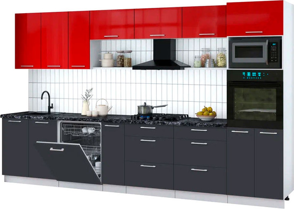 Изображение товара Кухонный гарнитур Интерлиния Мила Gloss 3.5-ПМ1-2 (пепел/красный глянец/кастилло темный)