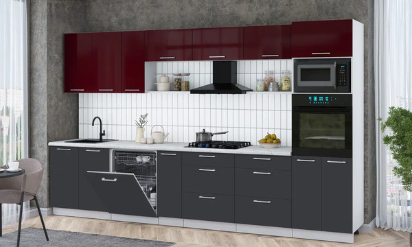 Изображение товара Кухонный гарнитур Интерлиния Мила Gloss 3.5-ПМ1-2 (пепел/бордовый глянец/серый каспий)