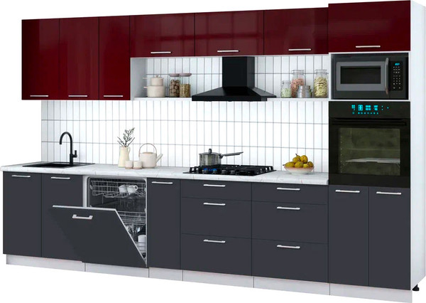 Изображение товара Кухонный гарнитур Интерлиния Мила Gloss 3.5-ПМ1-2 (пепел/бордовый глянец/серый каспий)