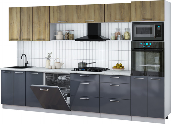 Изображение товара Кухонный гарнитур Интерлиния Мила Gloss 3.4-ПМ1-2 (асфальт глянец/дуб вотан/серый каспий)