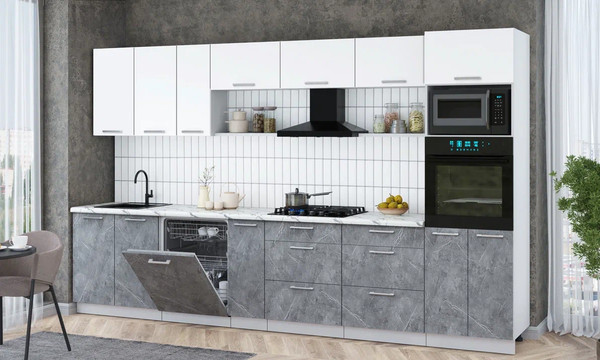 Изображение товара Кухонный гарнитур Интерлиния Мила Gloss 3.5-ПМ1-2 (керамика/белый/белый гранит)