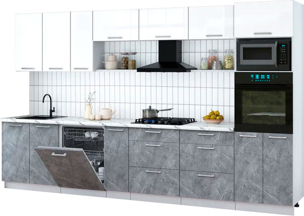 Изображение товара Кухонный гарнитур Интерлиния Мила Gloss 3.5-ПМ1-2 (керамика/белый глянец/белый гранит)