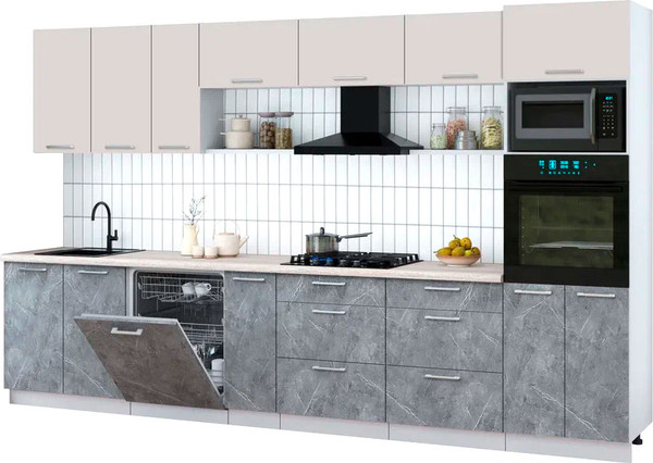 Изображение товара Кухонный гарнитур Интерлиния Мила Gloss 3.5-ПМ1-2 (керамика/кашемир/травертин серый)